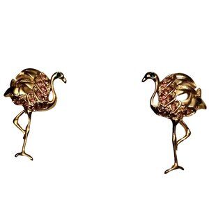 Gold Pink Flamingo Rhinestone Earrings Tropical Statement Coastal Tiki
